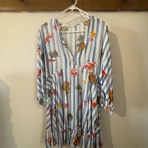 Striped Blue and White Dress with Tropical Print